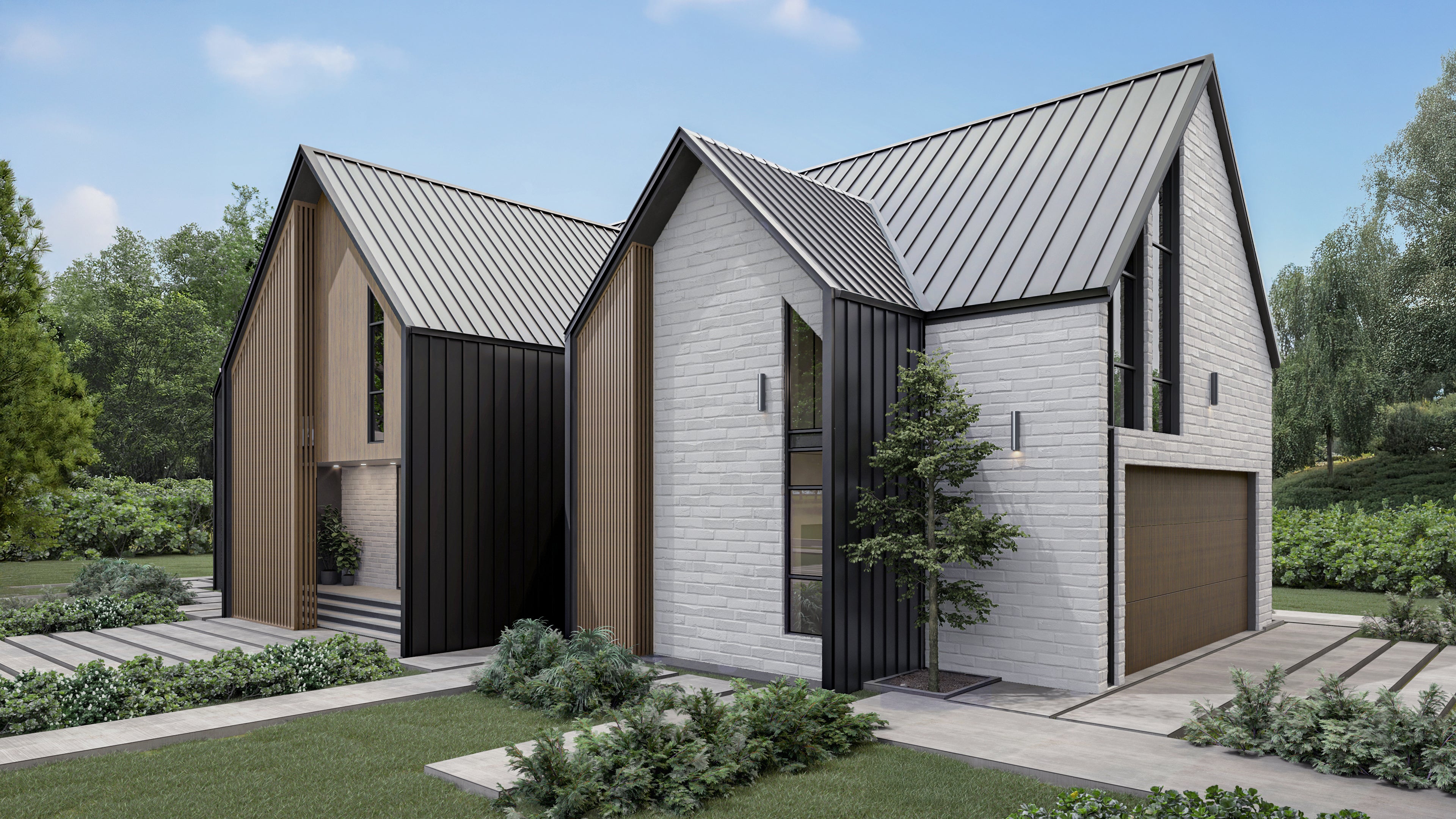 Modern house with a combination of white and dark wood exterior, surrounded by greenery.