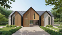 Exterior view of KAYE contemporary house plan featuring clustered gabled volumes with wood slat and white siding details
