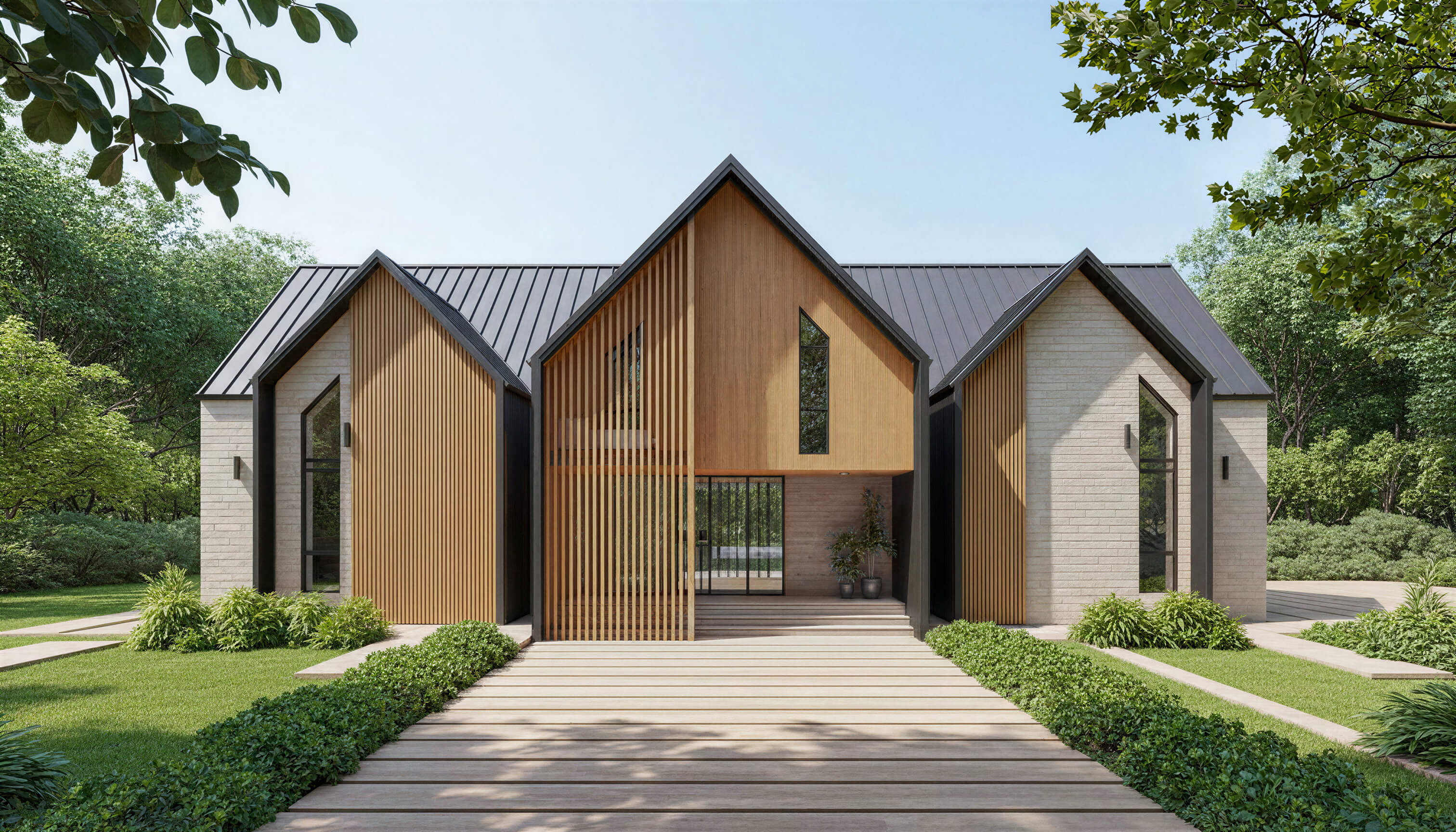 Exterior view of KAYE contemporary house plan featuring clustered gabled volumes with wood slat and white siding details
