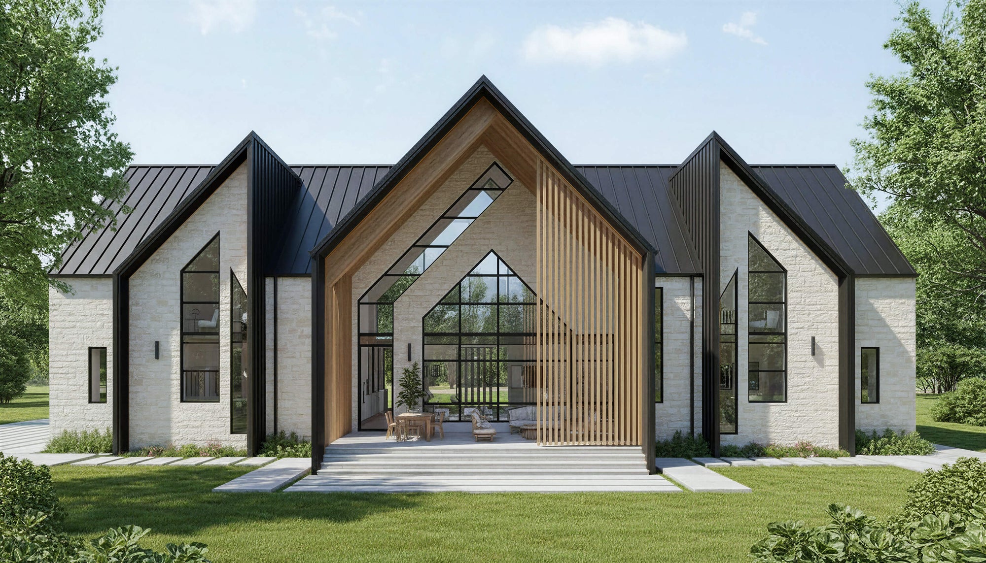 Modern house with a combination of white, black, and wood exterior design.