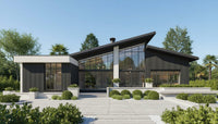 Exterior view of ONYX single-story contemporary house plan with dramatic cantilevered roof planes by Arcus Dein