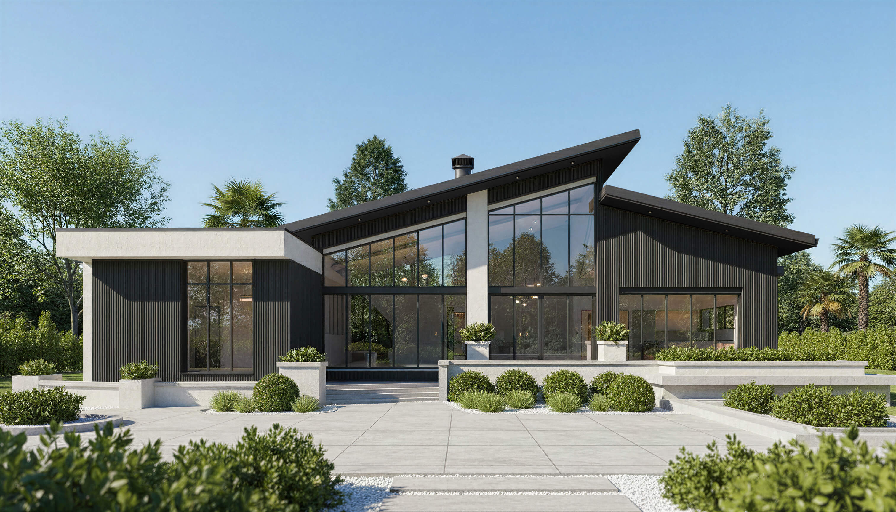 Exterior view of ONYX single-story contemporary house plan with dramatic cantilevered roof planes by Arcus Dein