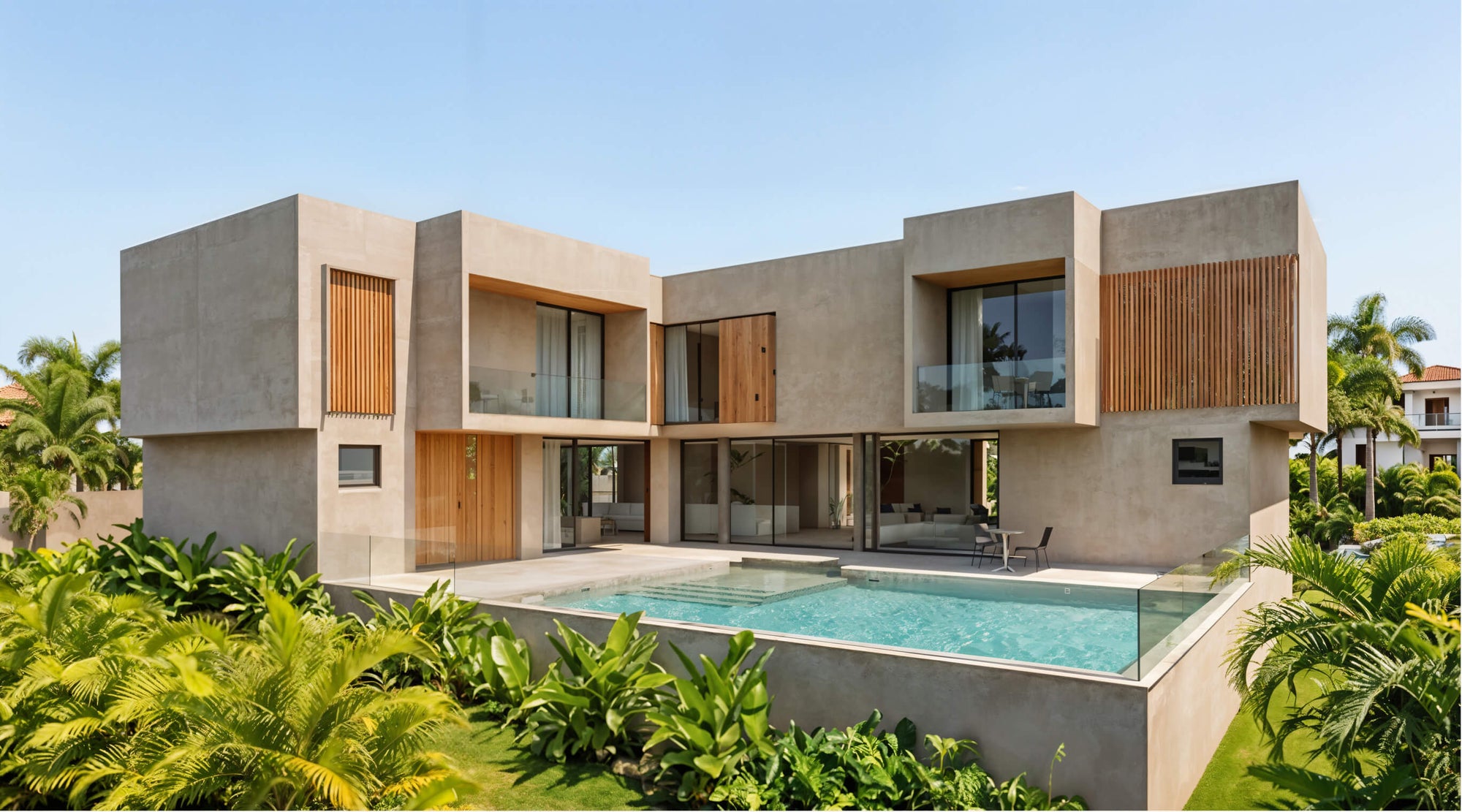 Modern house with a pool surrounded by greenery under a clear blue sky.