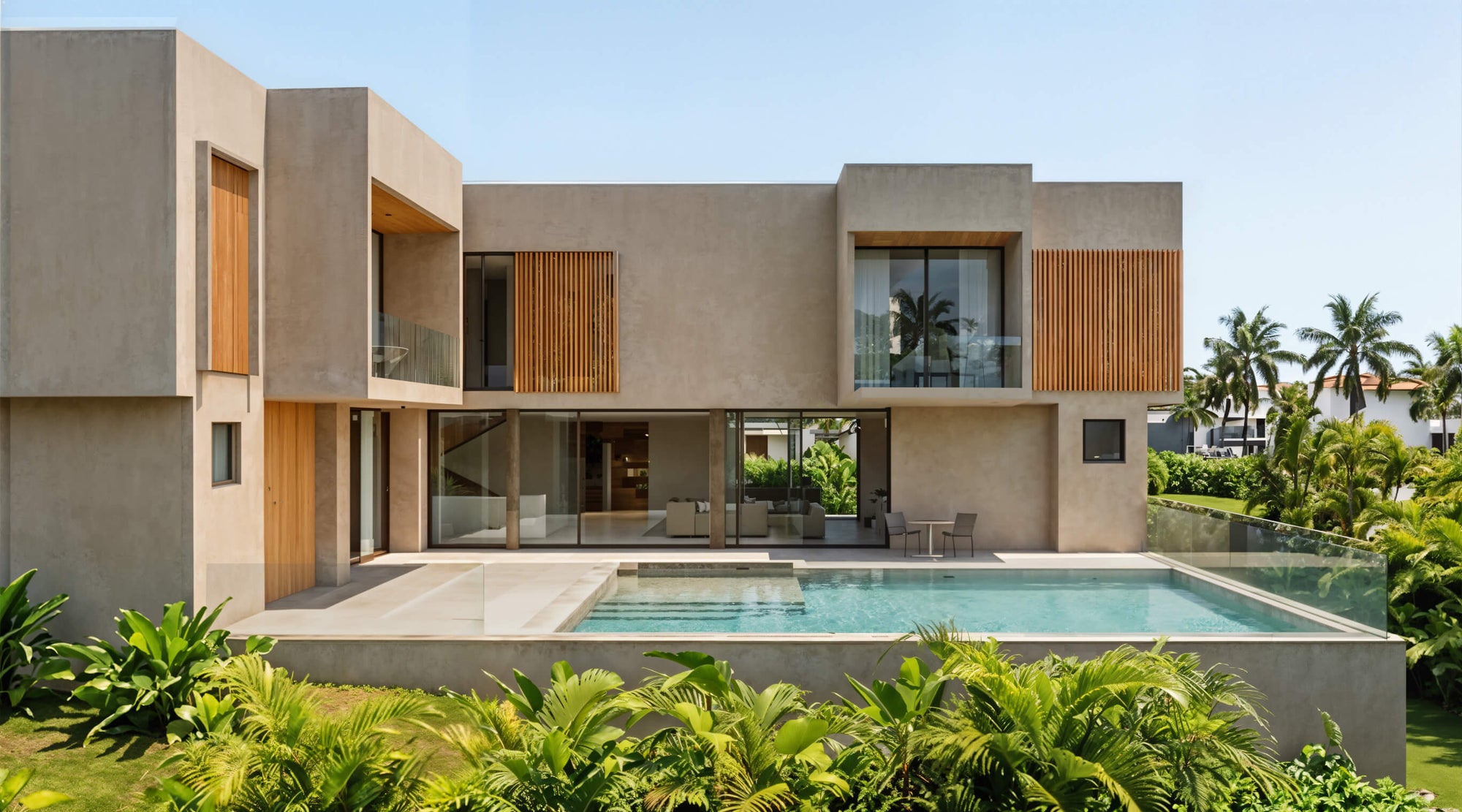 Modern house with a pool and garden under a clear blue sky