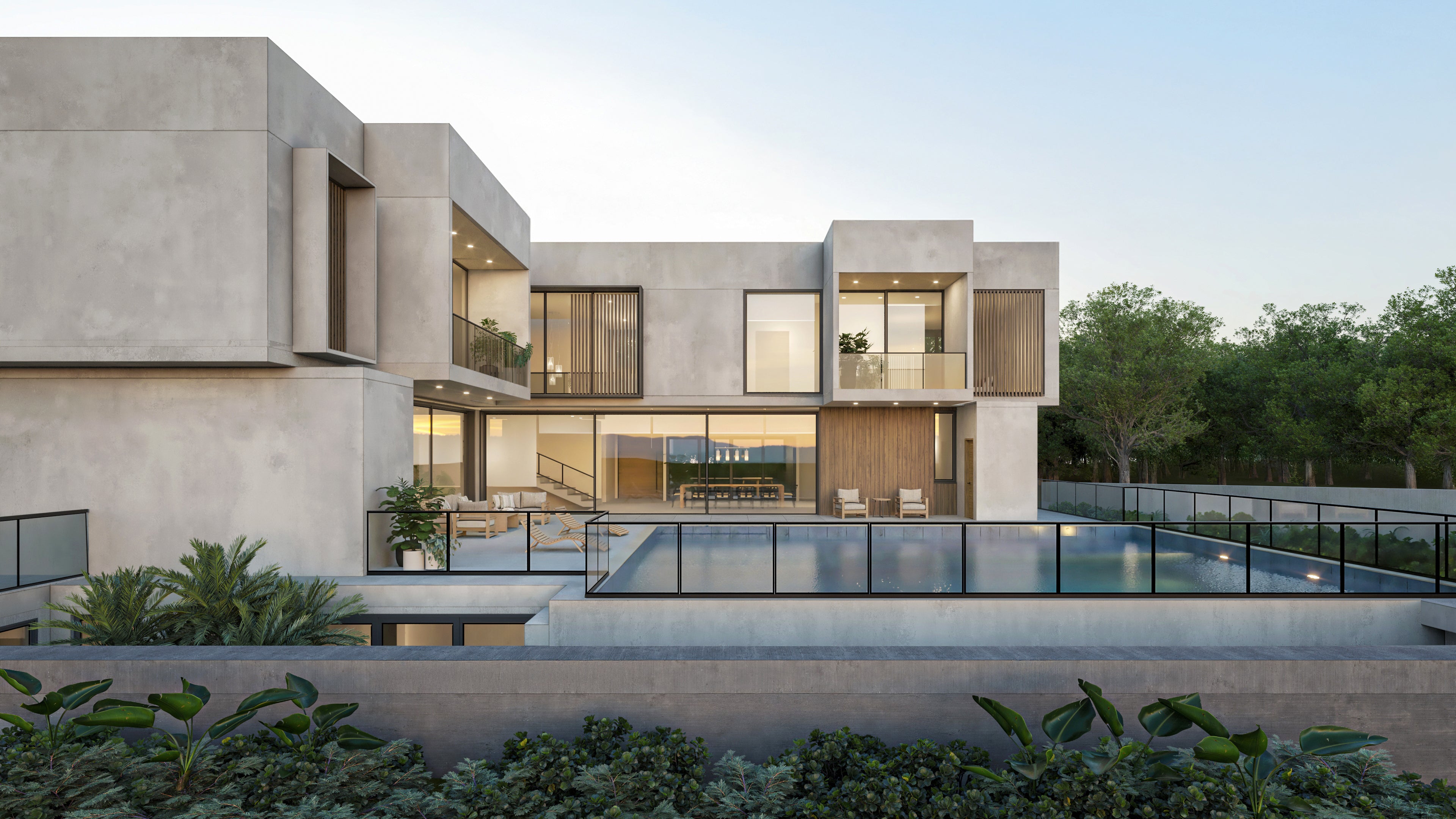 Modern house with a pool and garden area