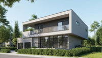 Modern house with glass windows and a flat roof in a suburban setting.