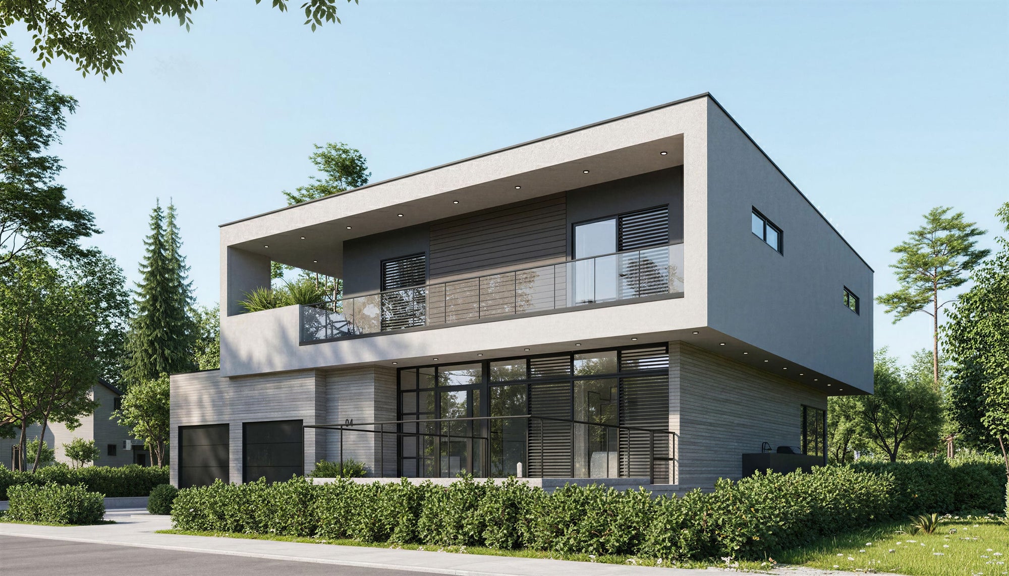 Modern house with glass windows and a flat roof in a suburban setting.