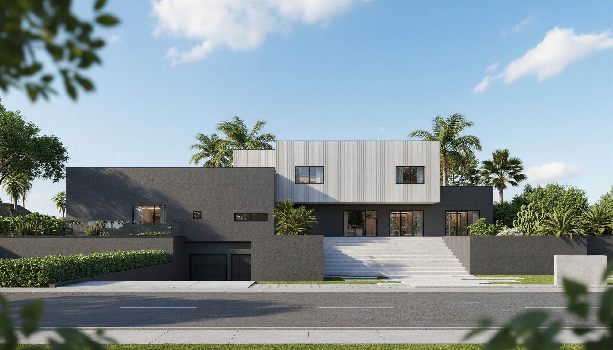 Modern house with a gray exterior and white roof, surrounded by palm trees and greenery.