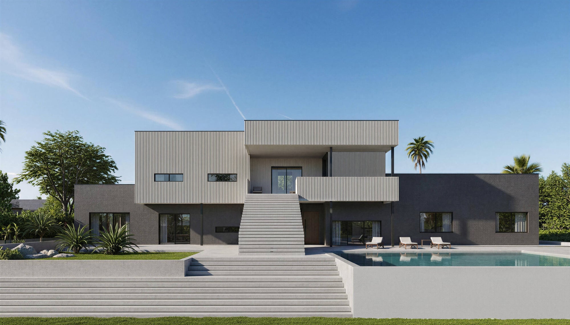 Modern house with a pool and stairs leading to it