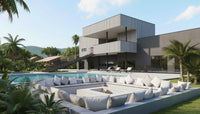 Modern outdoor seating area with white cushions by a poolside, surrounded by palm trees and a clear sky.