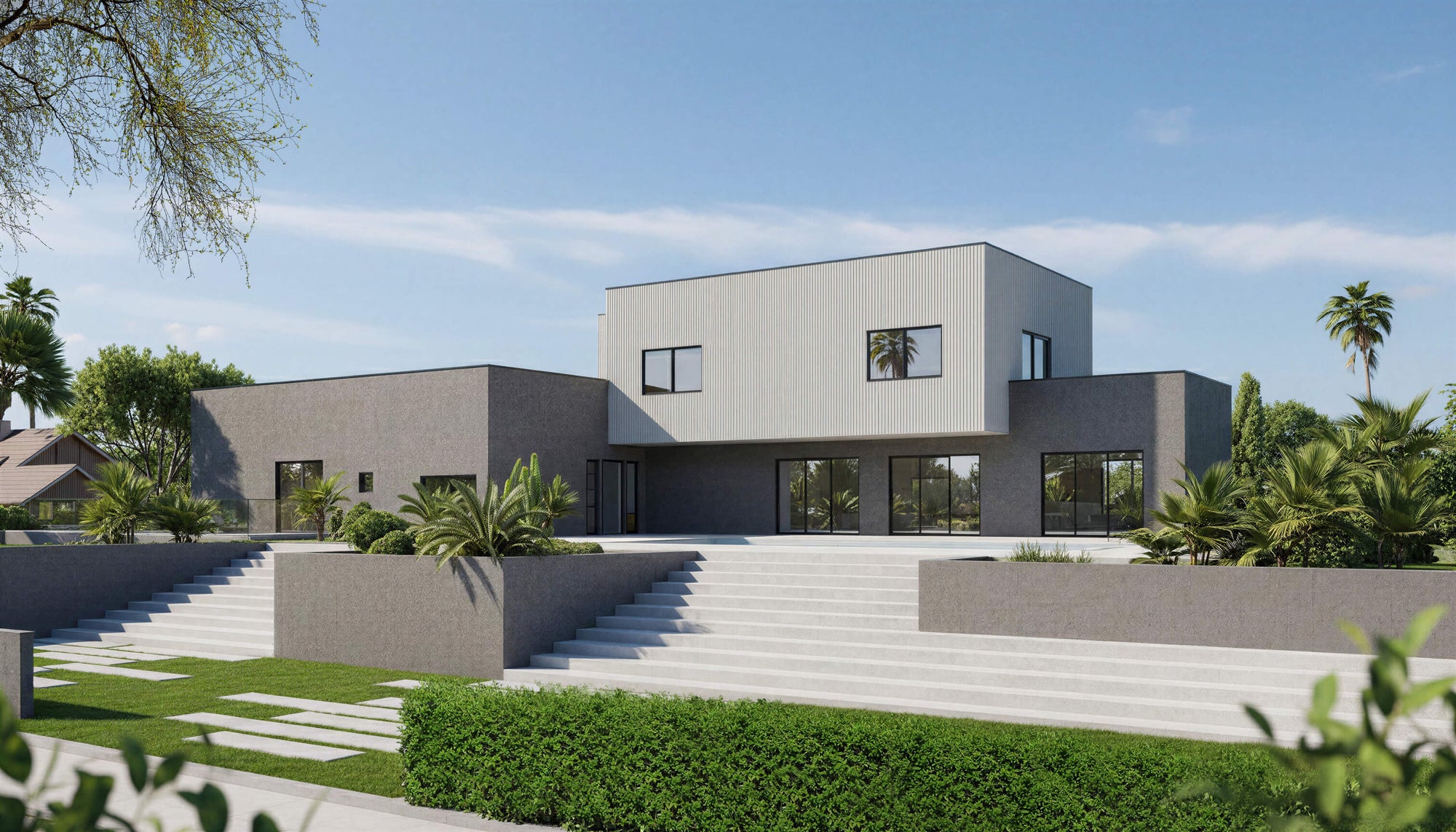 Modern house with a well-maintained garden and clear blue sky