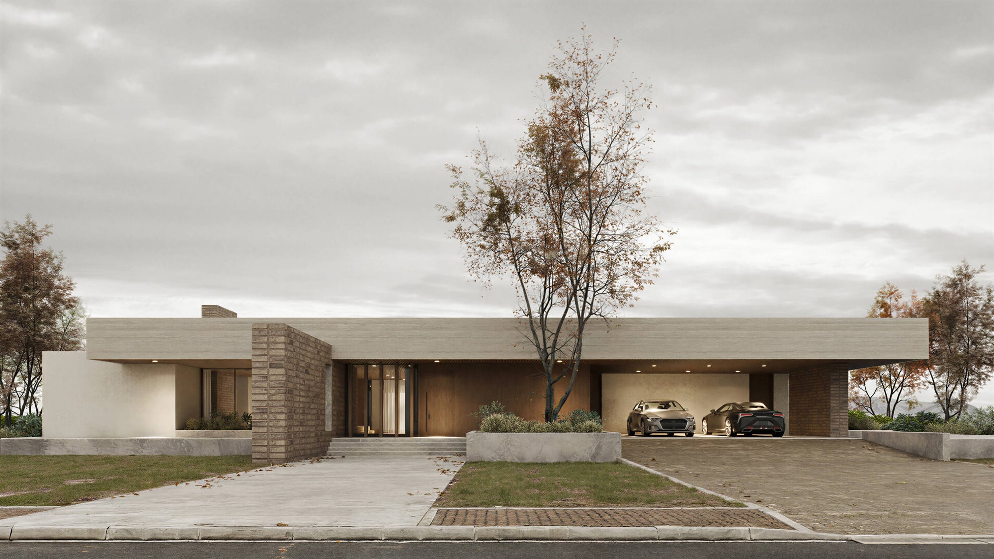 Modern house with a driveway and cars on a cloudy day