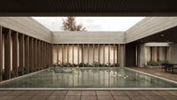 Modern architectural interior with a pool and wooden walls.