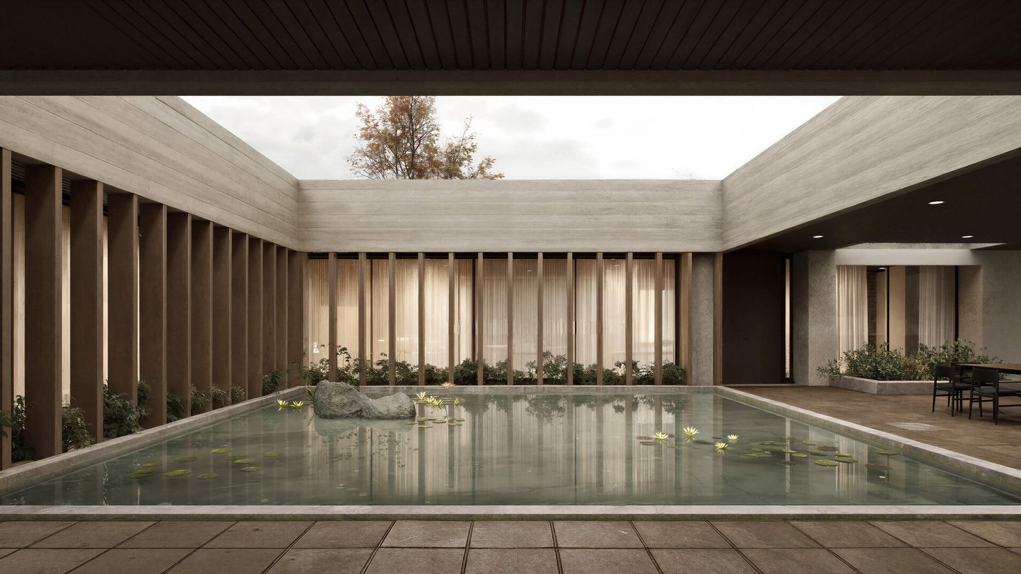 Modern architectural interior with a pool and wooden walls.