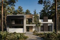 Modern house in a forest setting with trees surrounding it