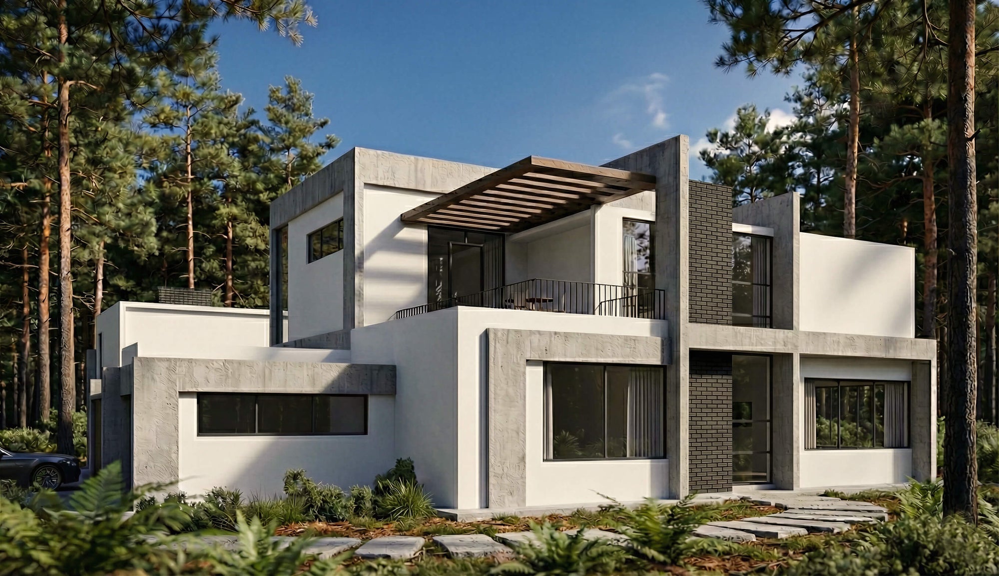 Modern house in a forest setting with concrete and glass design.