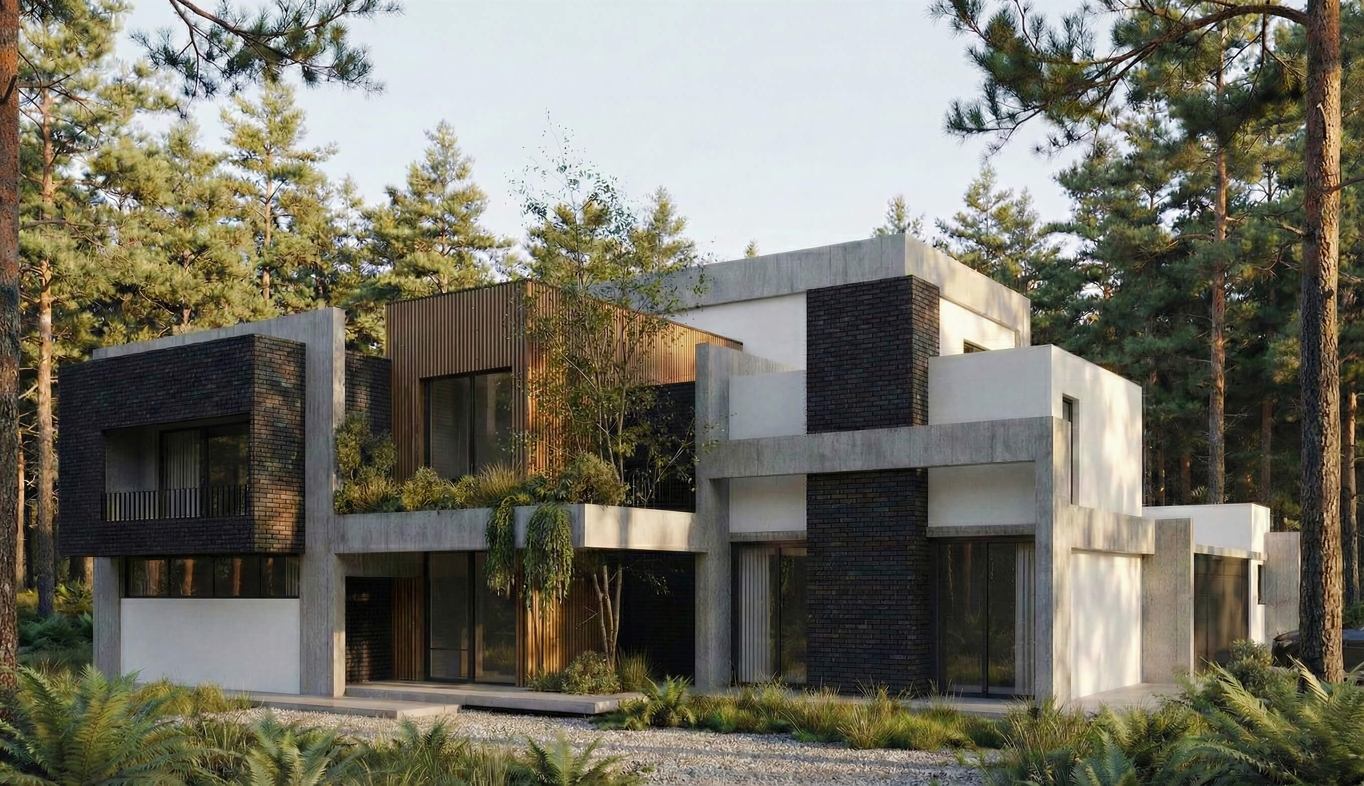 Exterior view of USME contemporary house plan featuring stacked rectangular volumes with material contrast by Arcus Dein