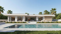Modern house with a pool and palm trees in the background