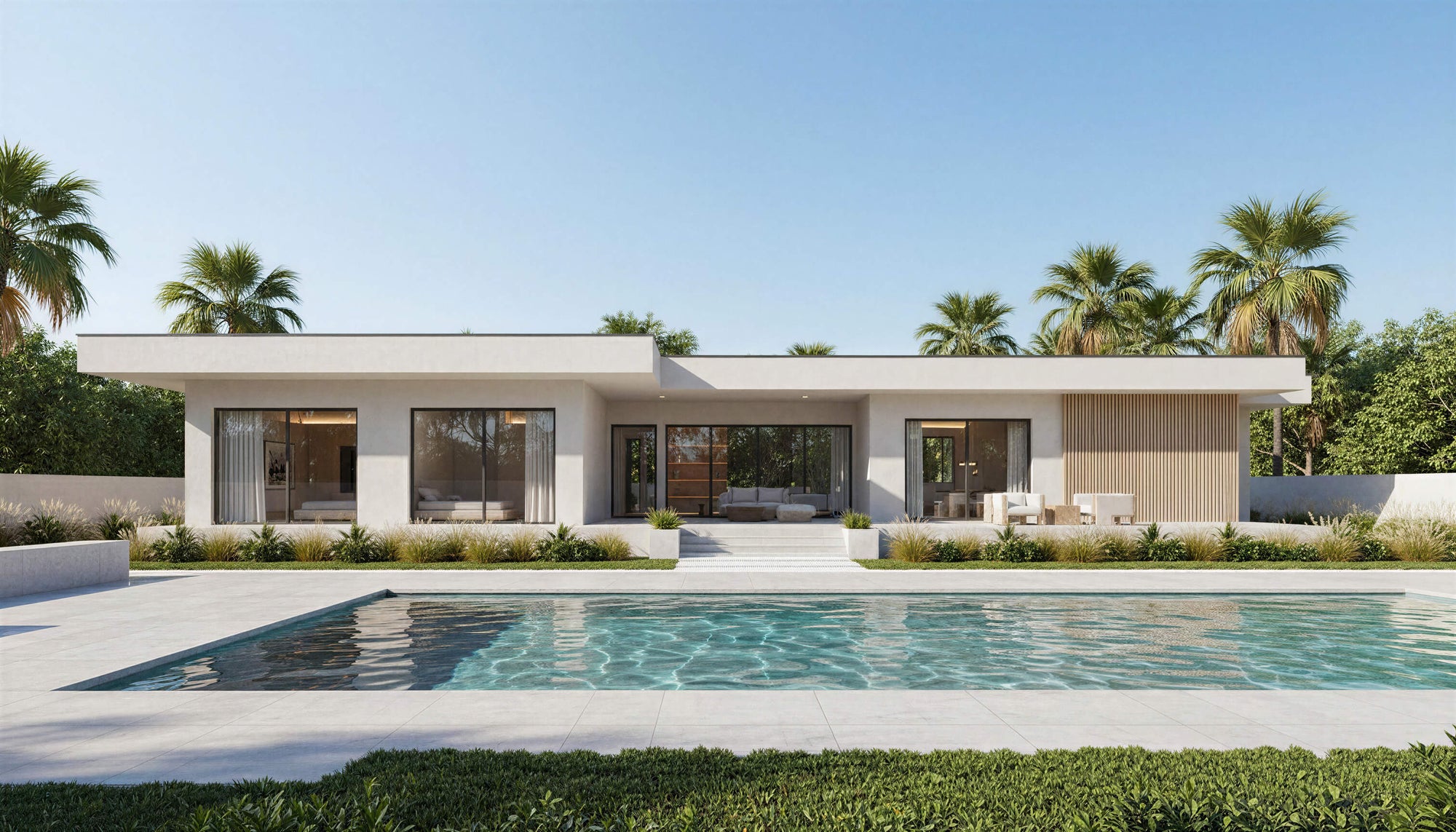 Modern house with a pool and palm trees in the background