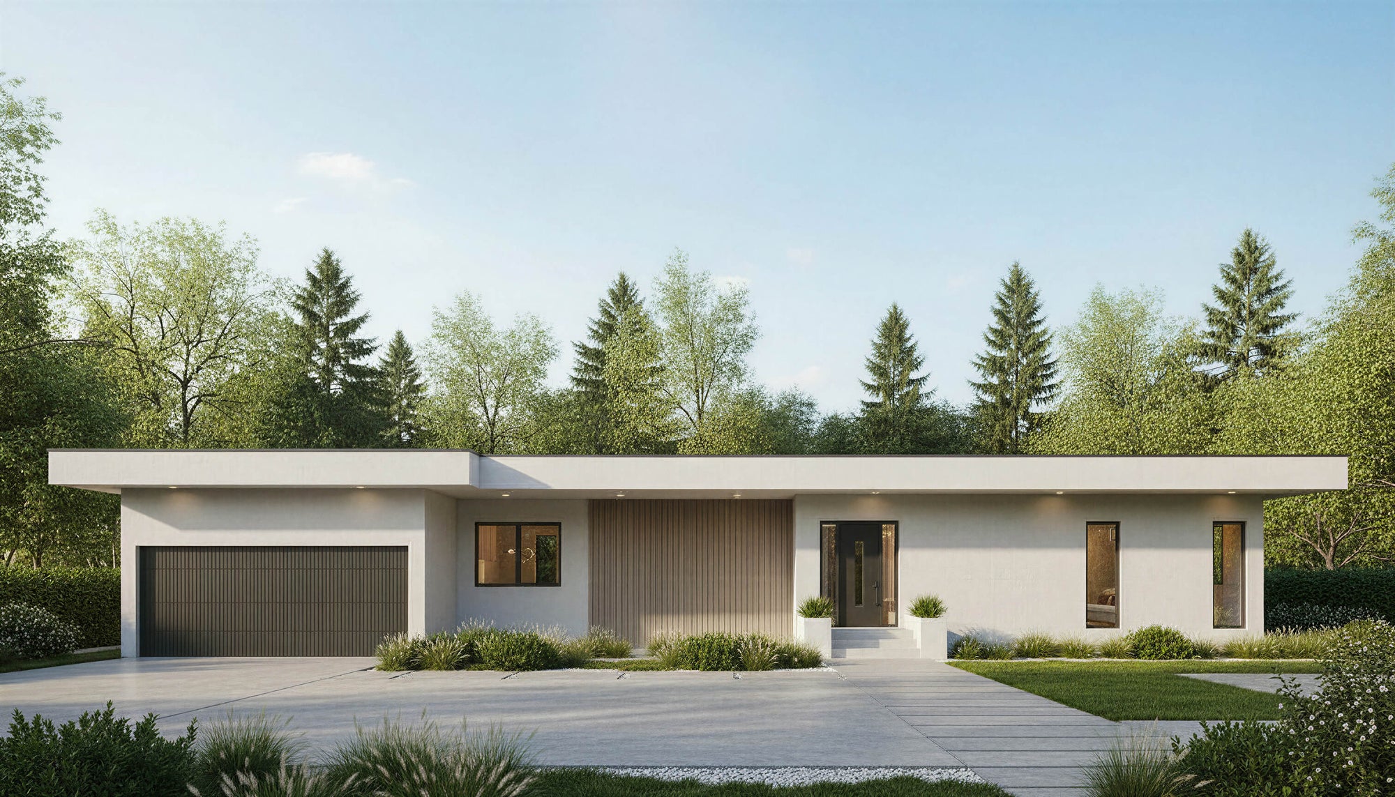 Modern house with a driveway and trees in the background