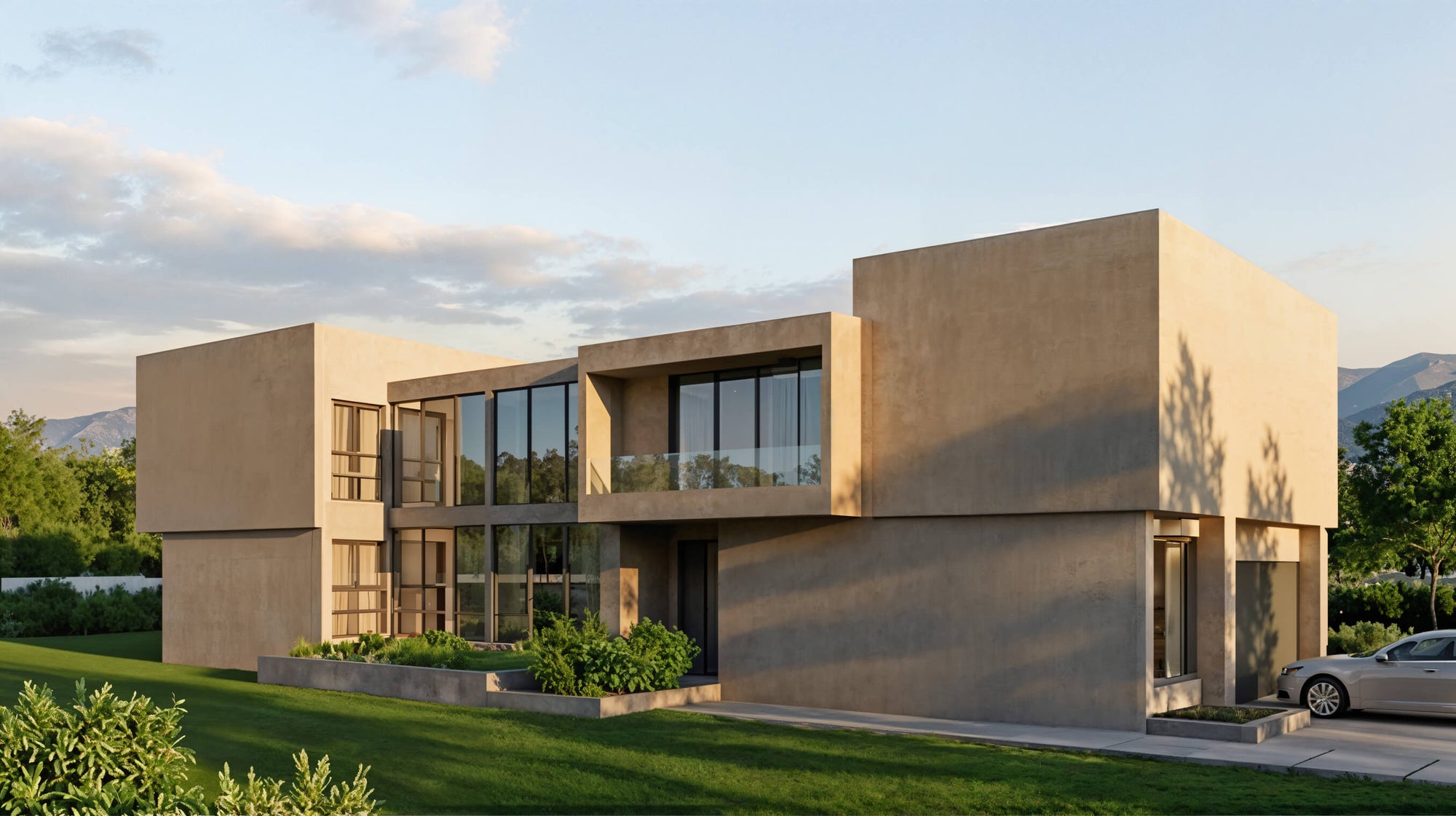 Modern house with concrete exterior and glass windows, surrounded by greenery and mountains.