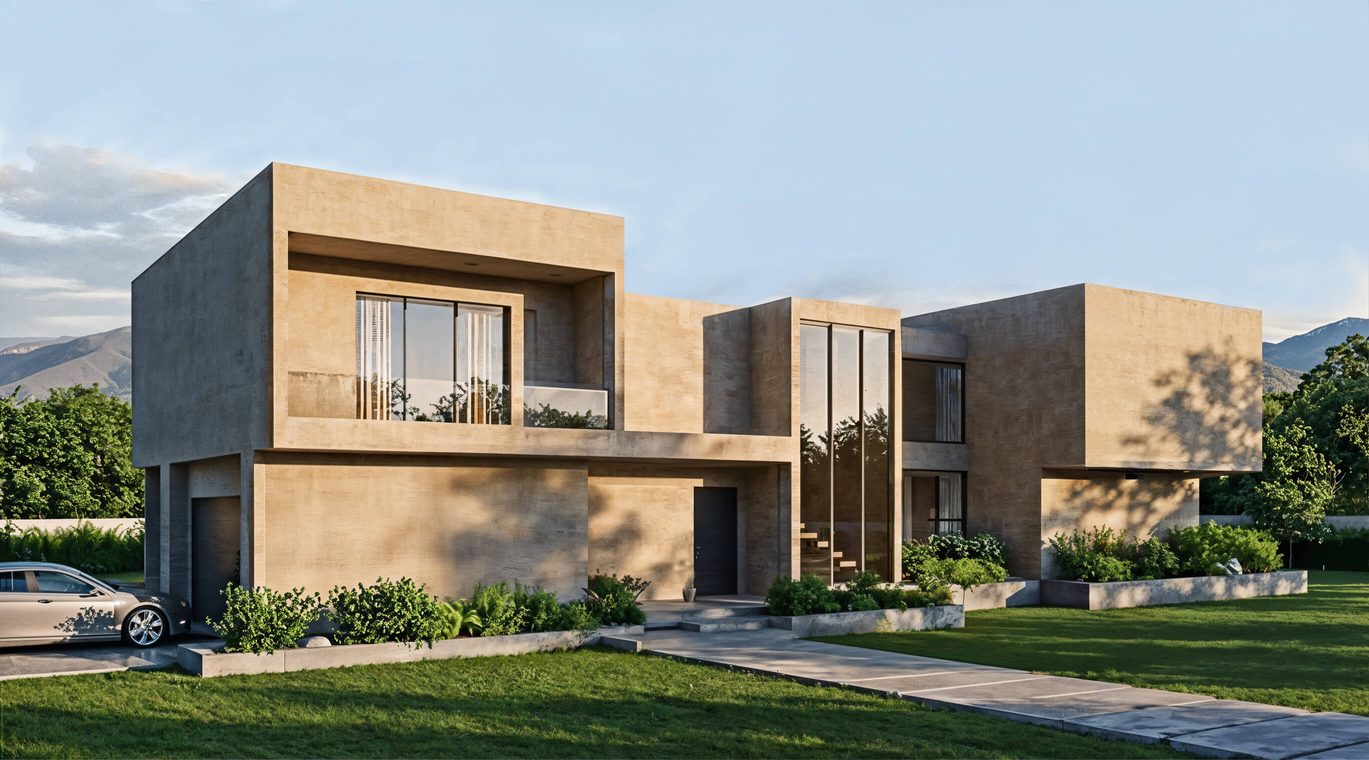Exterior view of COTA contemporary house plan featuring stratified brick and vertical wood slats by Arcus Dein