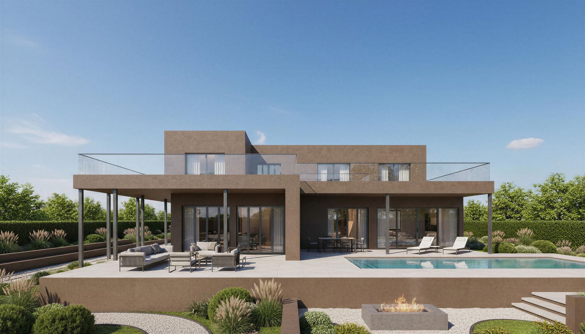 Modern house with a pool and outdoor seating area under a clear blue sky.