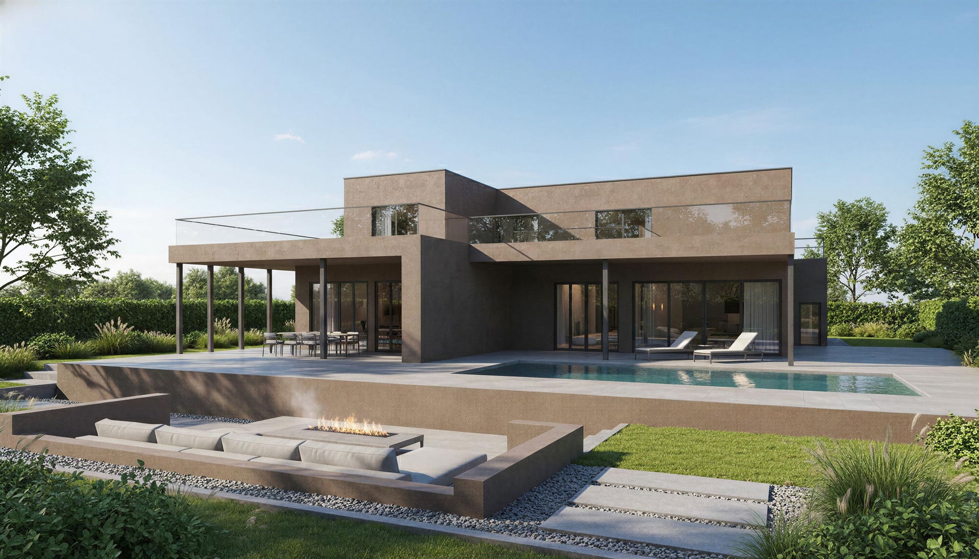Modern house with a pool and outdoor seating area on a clear day