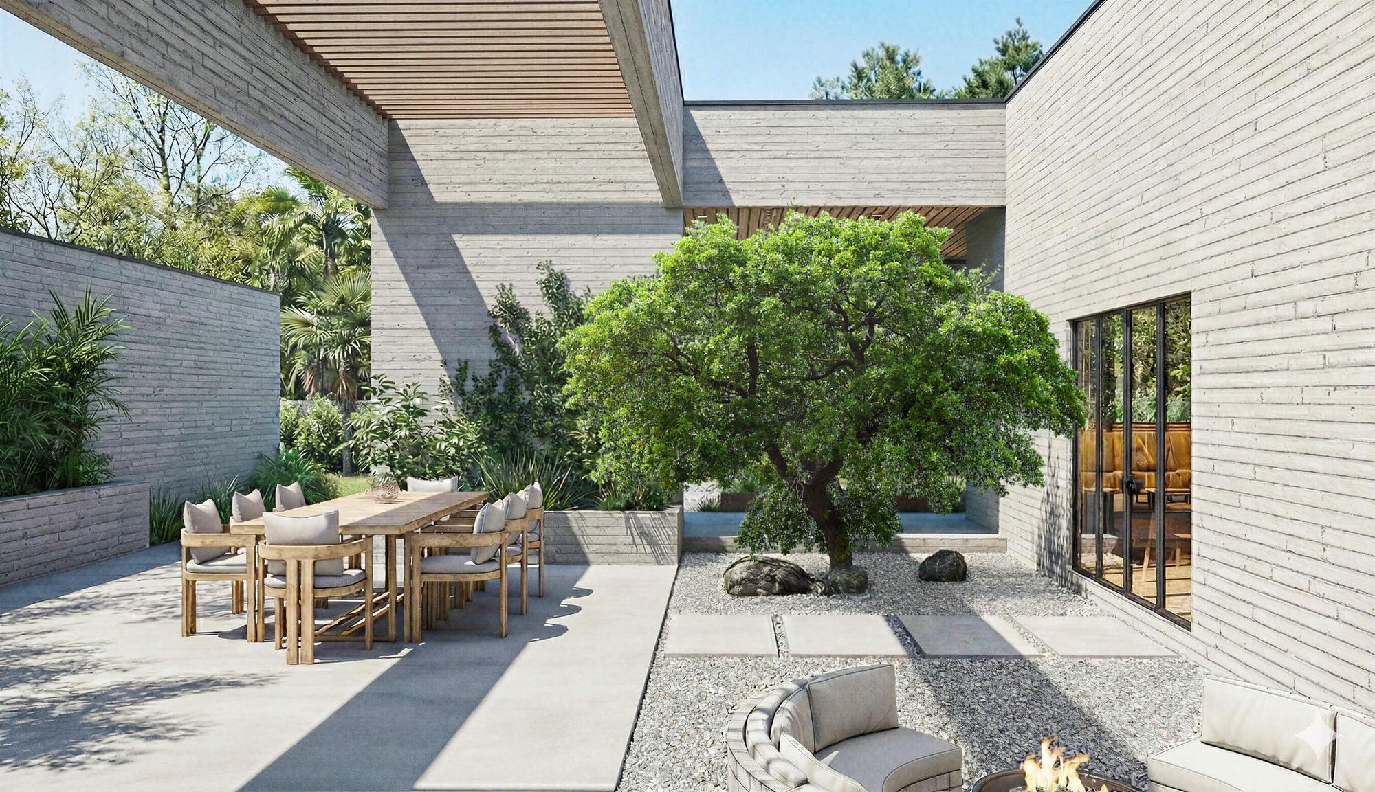 Modern outdoor patio area with a dining table, chairs, and a tree in a residential setting.