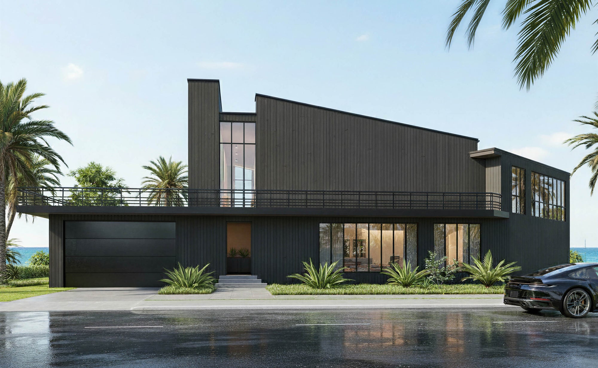 Modern black house with a pool and palm trees on a clear day
