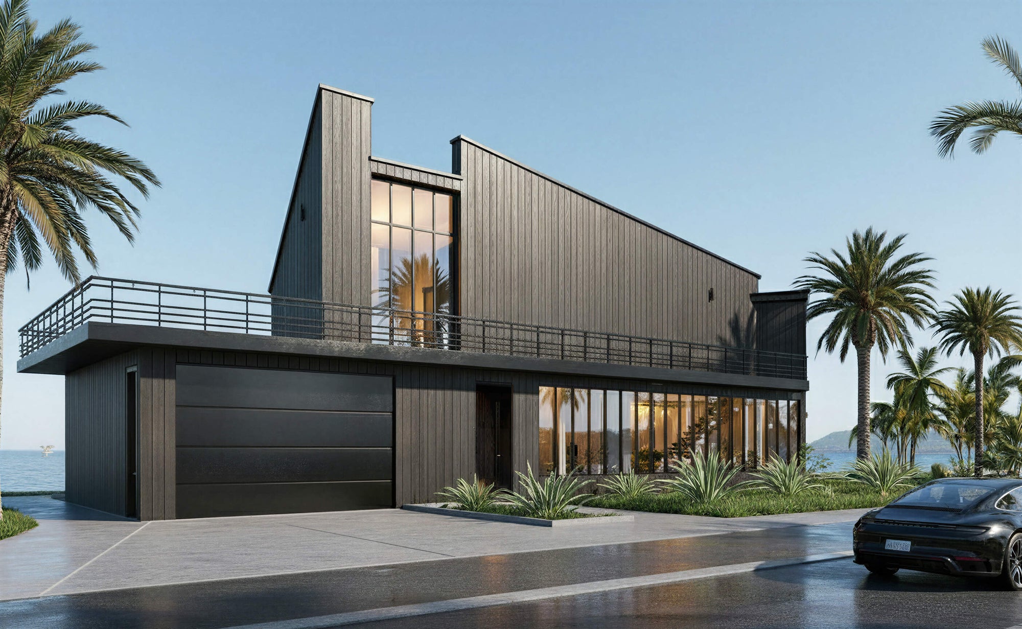 Modern house with palm trees and a clear sky