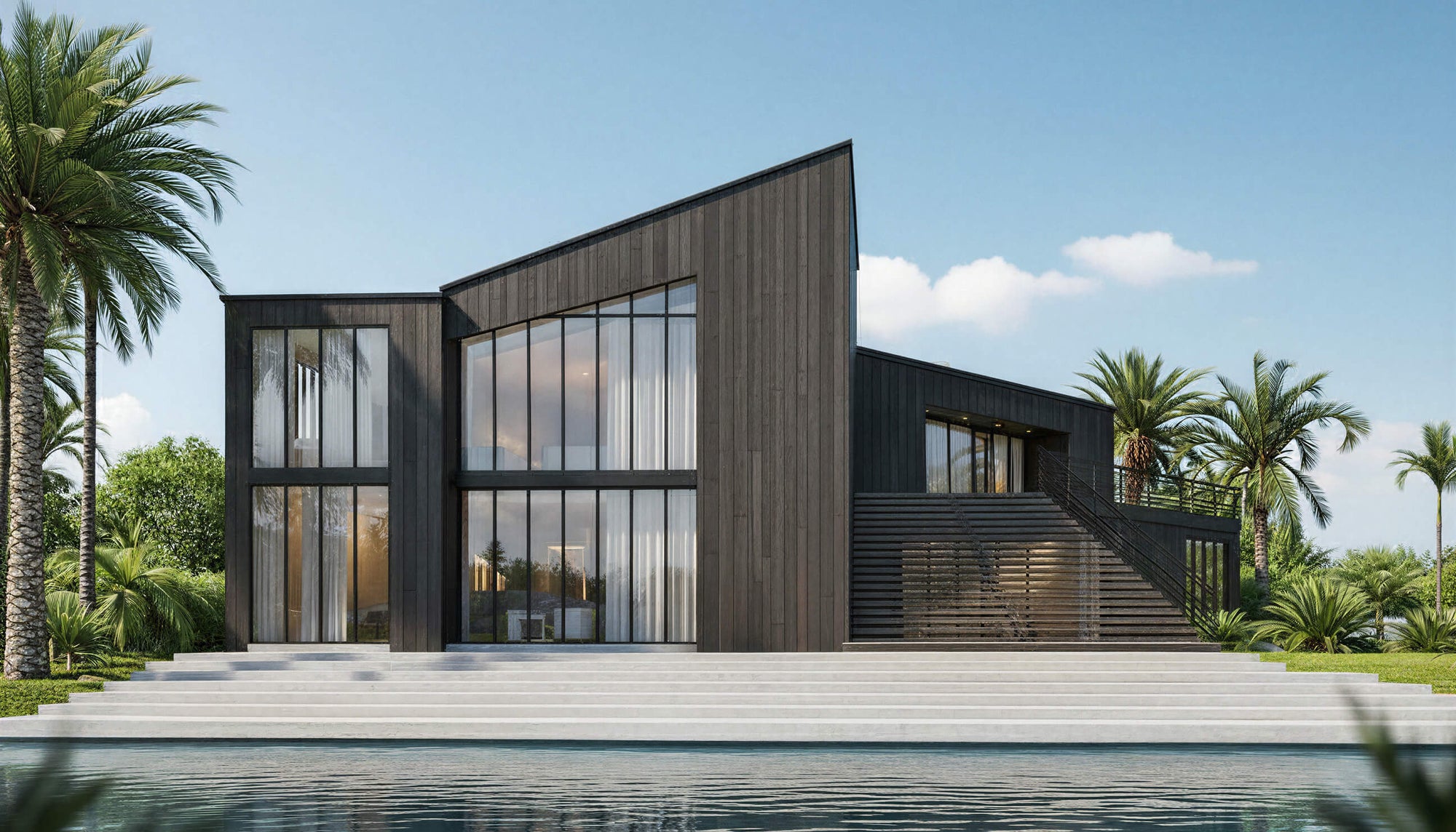 Modern house with large glass windows and dark exterior, surrounded by palm trees and a pool.