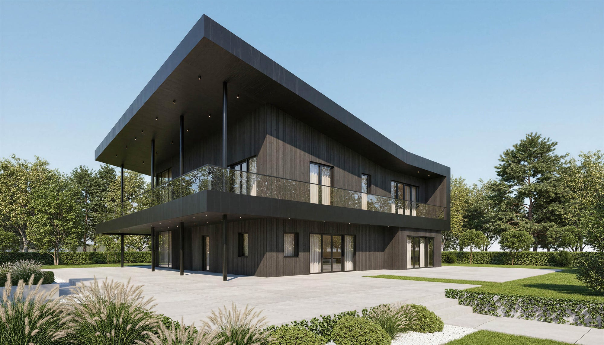 Modern architectural building with glass facade and wooden accents, surrounded by greenery.