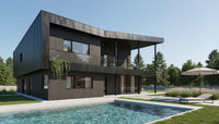 Modern house with a pool and outdoor furniture on a sunny day