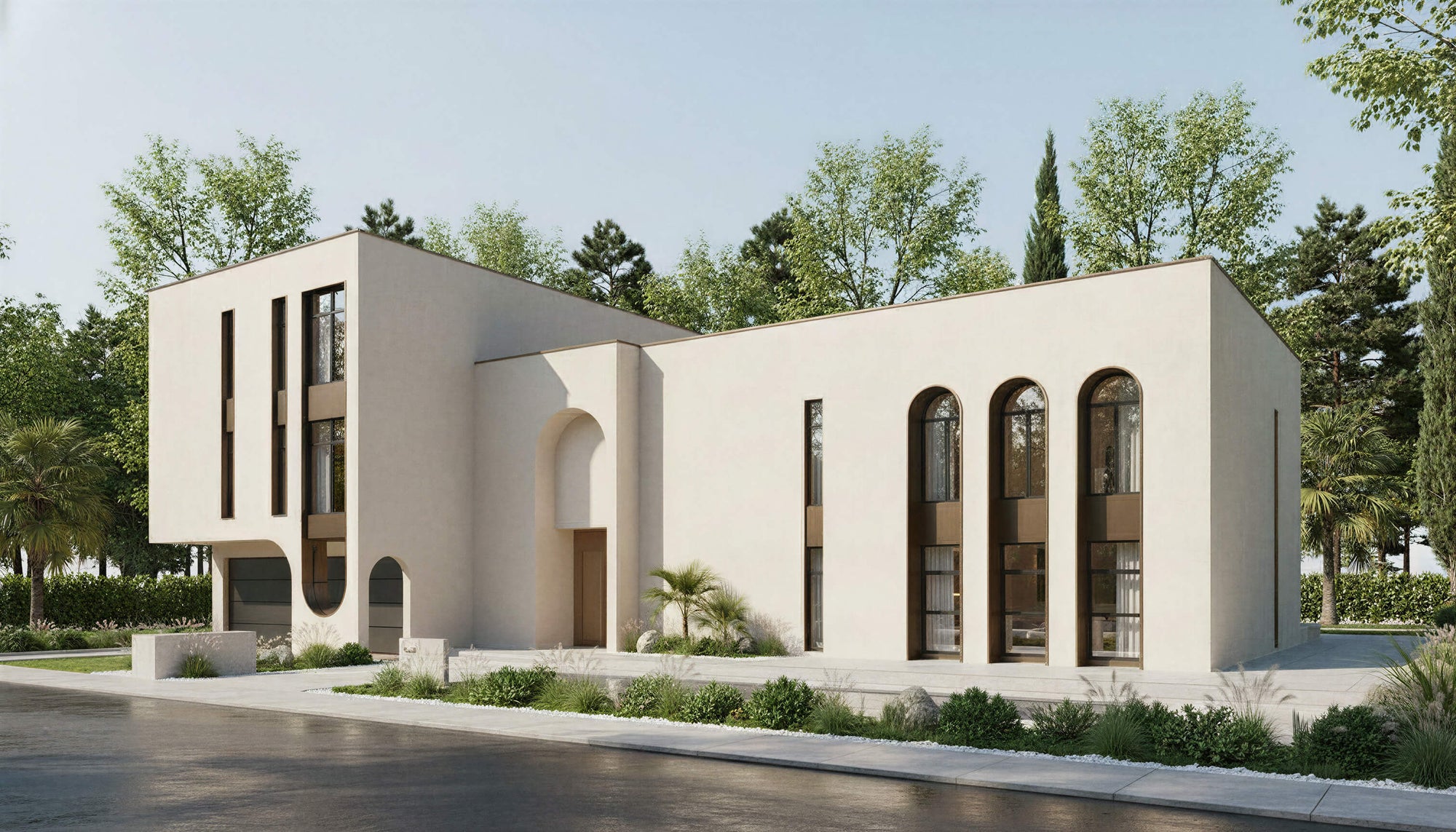 Modern building with arched windows and a beige exterior, surrounded by trees.