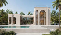 Modern house with a pool and palm trees in the background