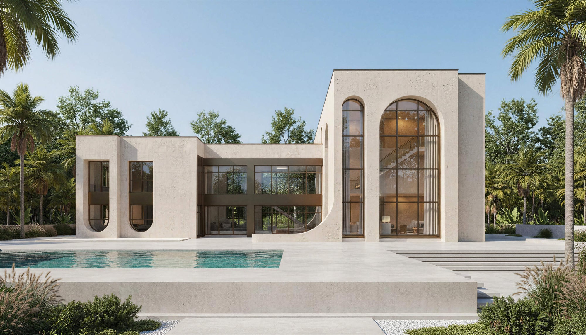 Modern house with a pool and palm trees in the background