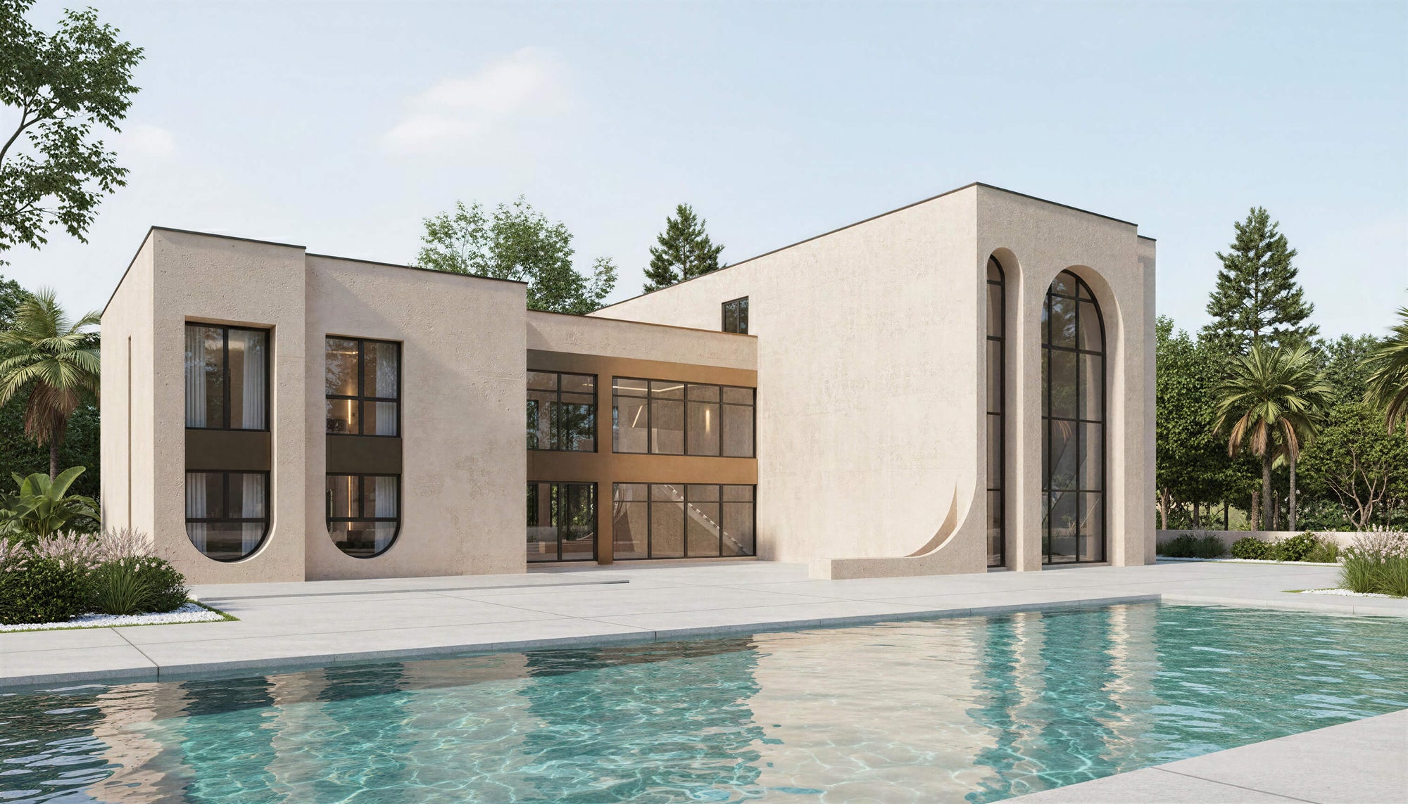 Modern house with a pool in a serene setting