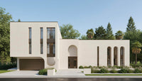 Modern house with beige exterior and glass windows, surrounded by trees and greenery.