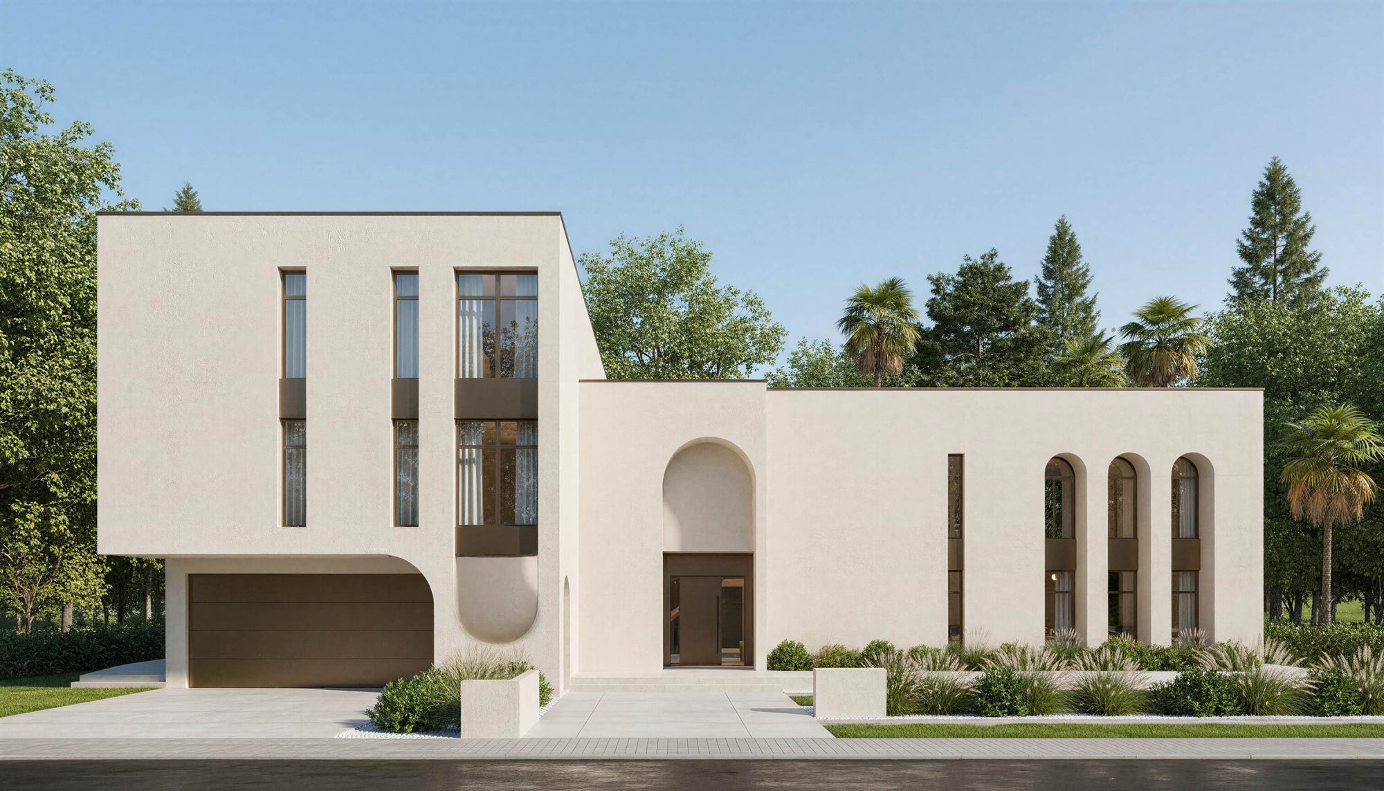 Modern house with beige exterior and glass windows, surrounded by trees and greenery.