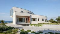 Modern architectural design of a house with a curved facade and large windows.