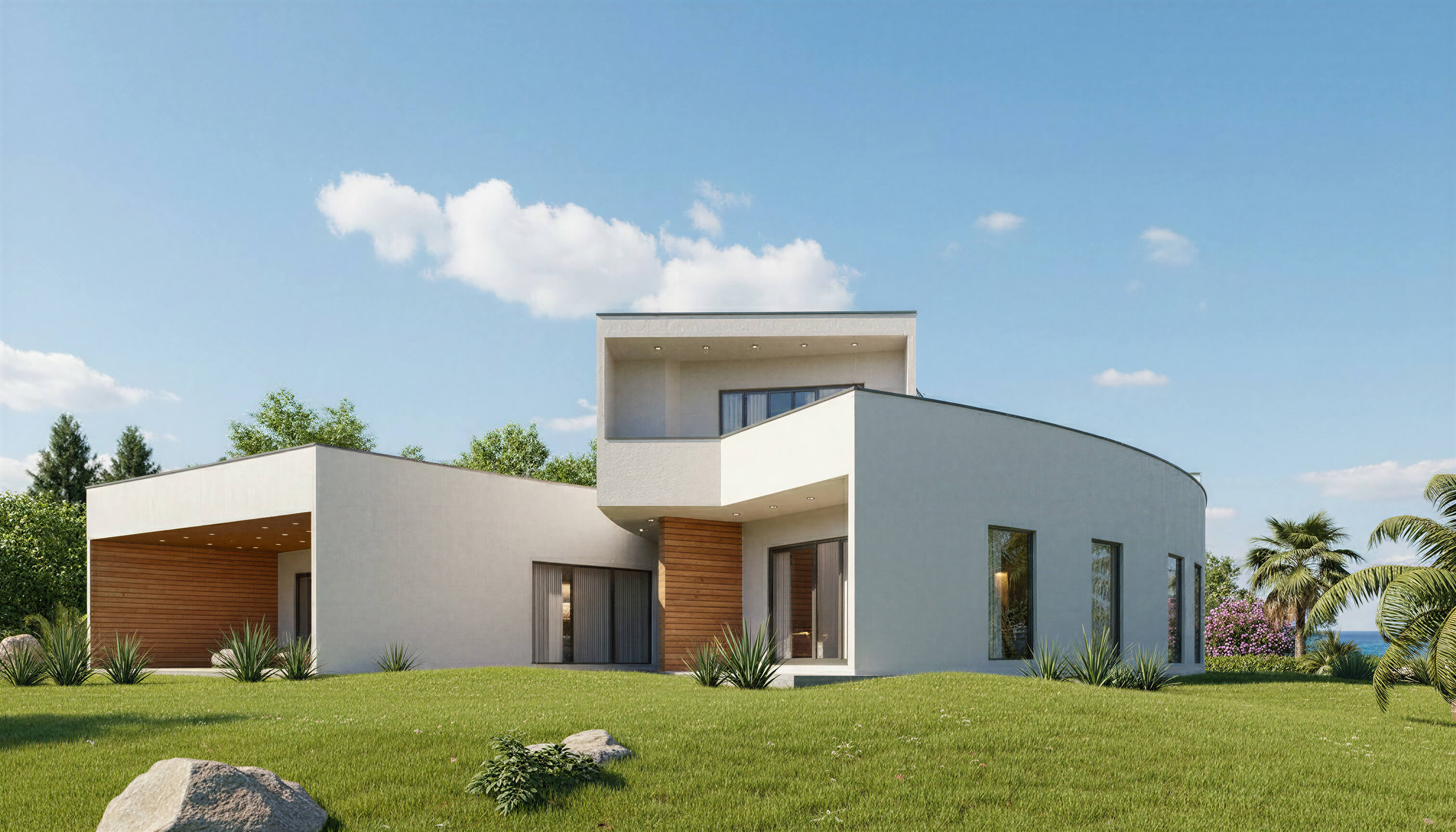 Modern house with a green lawn and trees under a blue sky