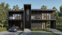 Modern black house with a car parked in front, surrounded by greenery