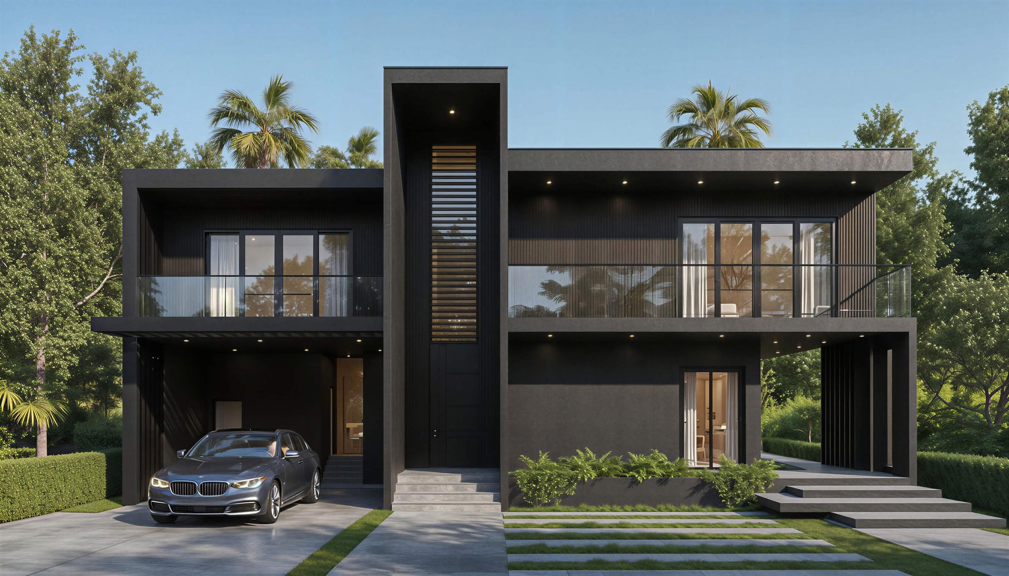 Modern black house with a car parked in front, surrounded by greenery