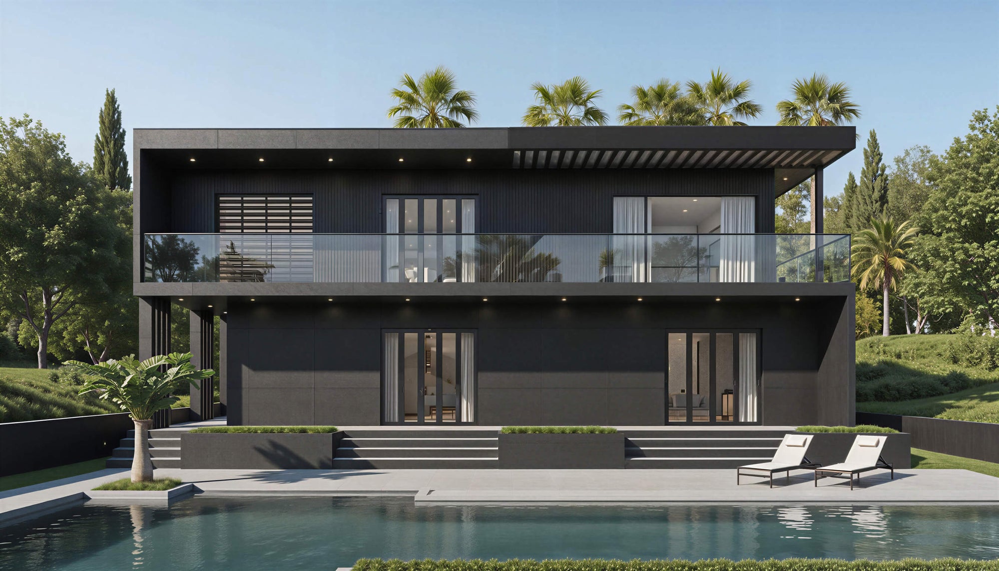 Modern house with a pool and palm trees in the background