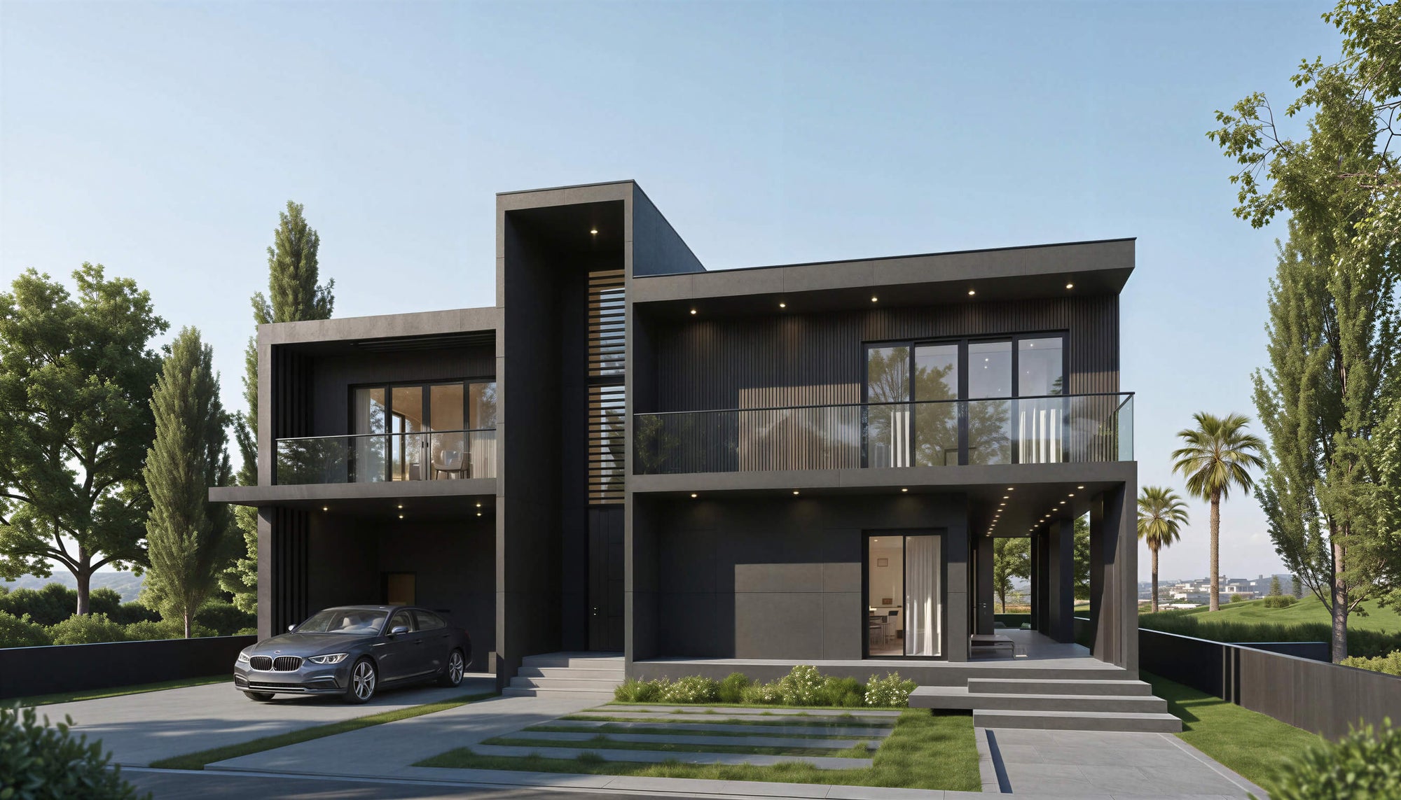 Modern black house with a car parked in front on a clear day