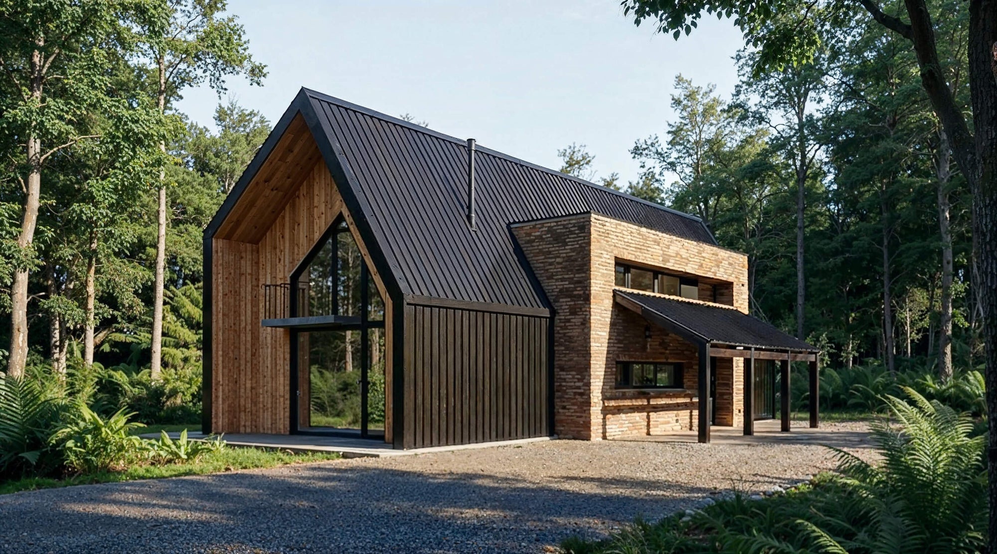 Modern cabin in the woods with a black roof and wooden exterior.