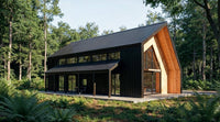 Modern cabin with black and wood exterior in a forest setting