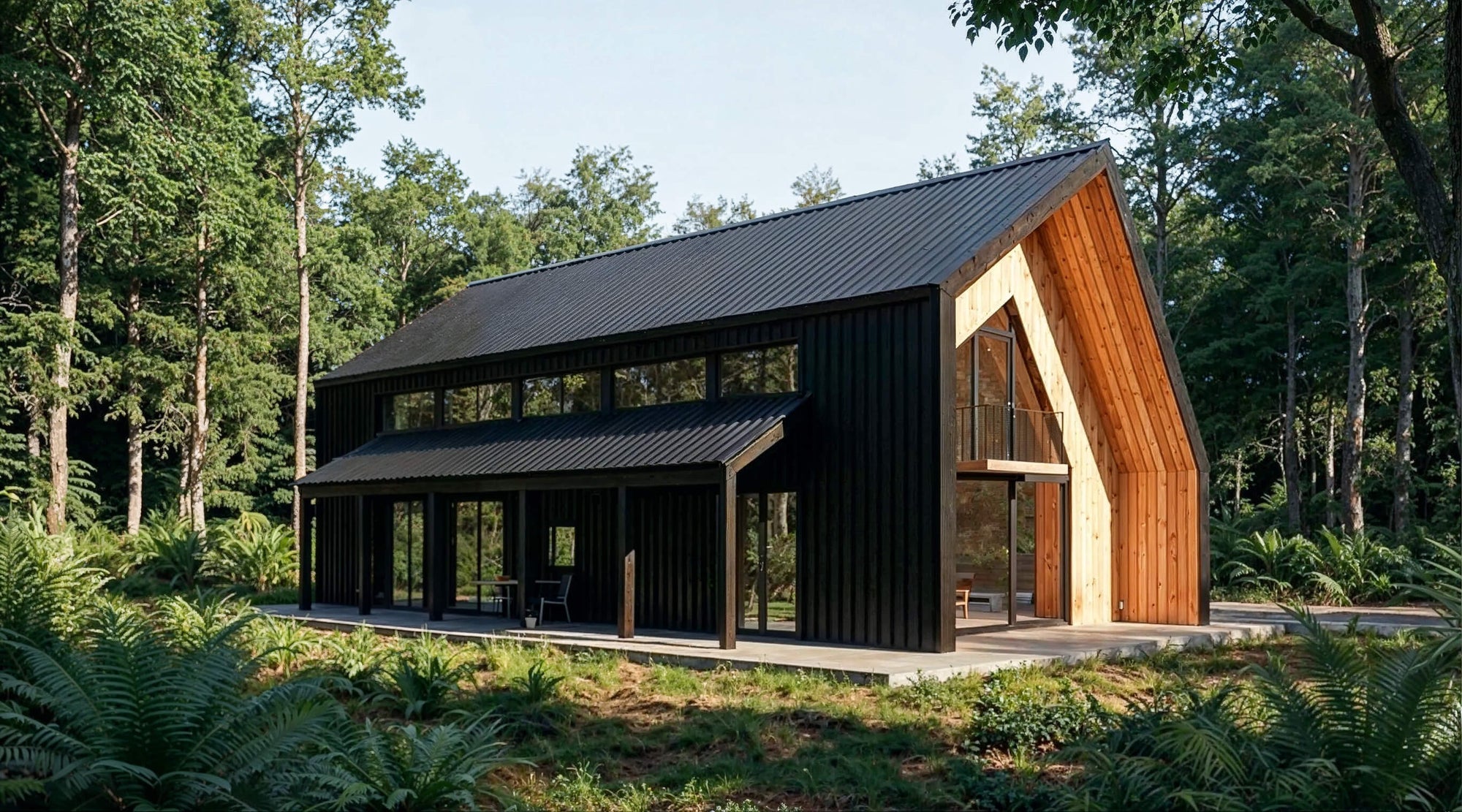 Modern cabin with black and wood exterior in a forest setting
