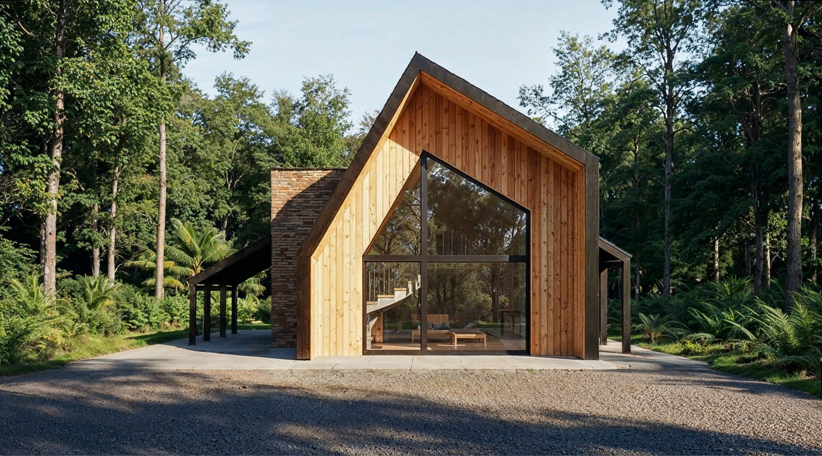 Exterior view of MUZU compact contemporary house plan featuring brick and corrugated metal by Arcus Dein